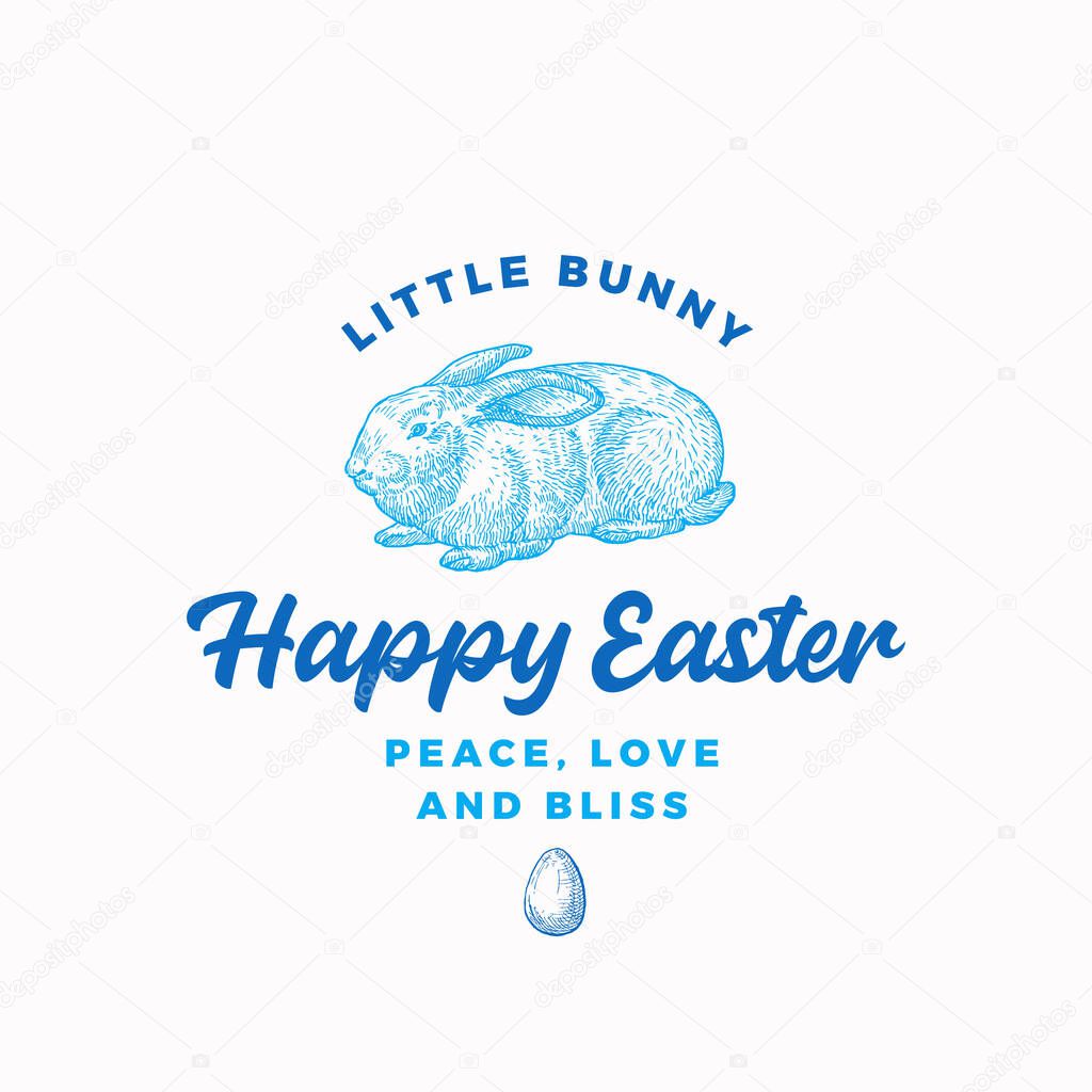 Happy Easter Bunny Abstract Vector Sign, Symbol or Logo Template. Hand Drawn Engraving Style Rabbit Sillhouette Sketch with Classy Retro Typography. Vintage Emblem.