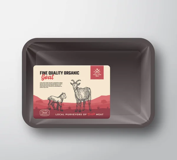 Fine Quality Organic Goat. Abstract Vector Meat Plastic Tray Container with Cellophane Cover. Packaging Design Label. Hand Drawn Goat and Goatling Silhouettes Background Layout. — Stock Vector