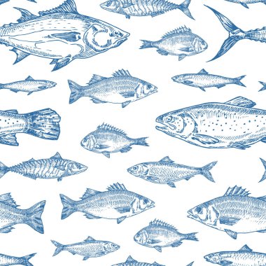 Hand Drawn Ocean Fish Vector Seamless Background Pattern. Anchovy, Herrings, Tuna, Dorado, Mackerel, Seabass and Salmons Sketches Card or Cover Template in Blue Color. clipart