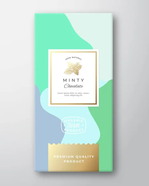 Minty Chocolate Label Abstract Vector Packaging Design Layout with Soft Realist Shadows Modern Typography, Hand Drawn Mint Spice Branch Silhouette and Colorful Background. — стоковий вектор