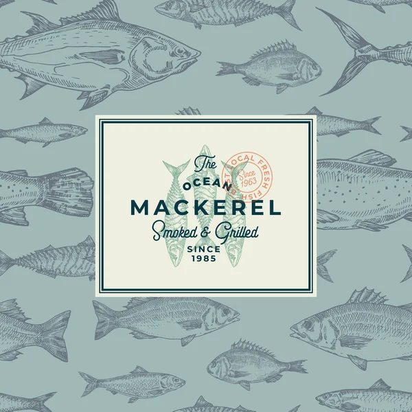 Vectorachtergrond patroon van de handgetekende vis. Abstract Package Sketch Card of Cover Template met Trendy Typografie en Makreel Embleem. Haring, ansjovis, tonijn, Dorado, zeebaars en zalm. — Stockvector