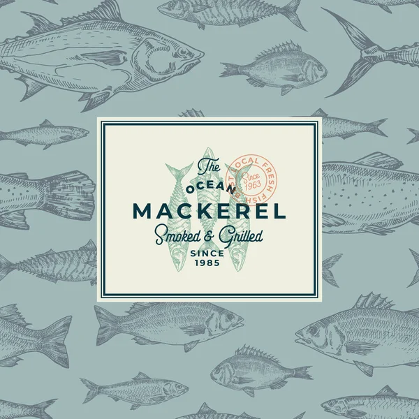 수동식 반사기를 배경으로 하고 있다. 추상 패키지 스케치 카드 또는 Trendy Typography 및 Mackerel Emblem 과 함께 템플릿을 커버 한다. Herring, Anchovy, Tuna, Dorado, Seabass, Salmon. — 스톡 벡터