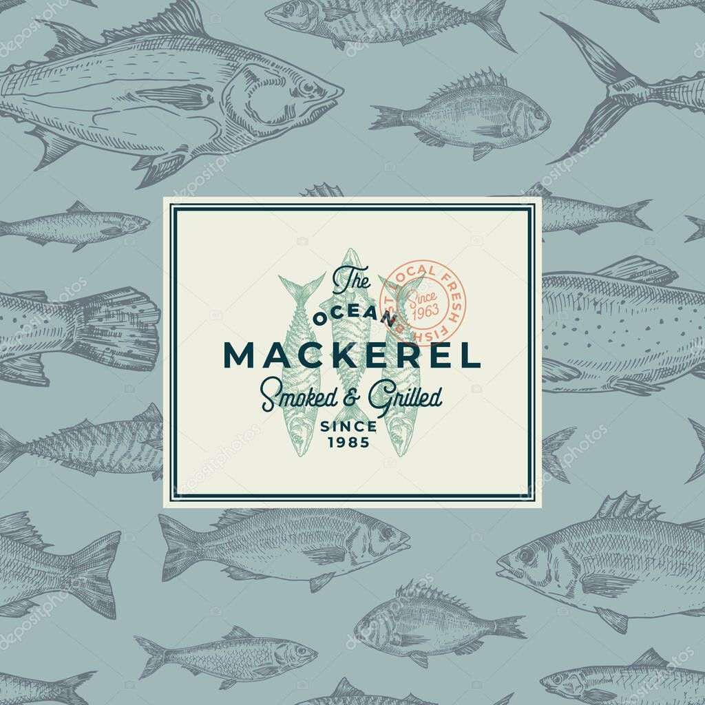 Hand Drawn Fish Vector Background Pattern. Abstract Package Sketch Card or Cover Template with Trendy Typography and Mackerel Emblem. Herring, Anchovy, Tuna, Dorado, Seabass and Salmon.