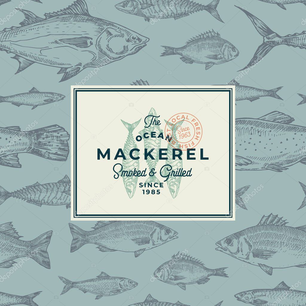 Hand Drawn Fish Vector Background Pattern. Abstract Package Sketch Card or Cover Template with Trendy Typography and Mackerel Emblem. Herring, Anchovy, Tuna, Dorado, Seabass and Salmon. Isolated.