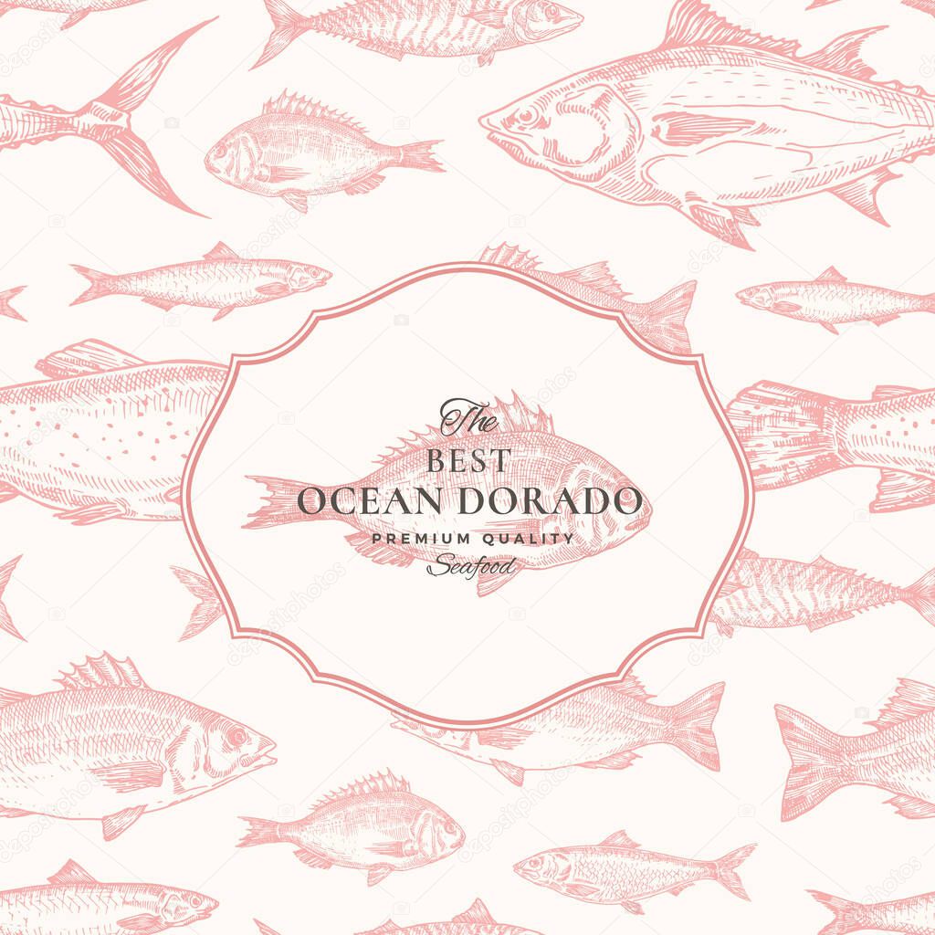 Hand Drawn Vector Seamless Pattern. Fish Package Red Card or Cover Template with Ocean Dorado Emblem. Herring, Anchovy, Tuna, Dorada, Seabass and Salmon Background.