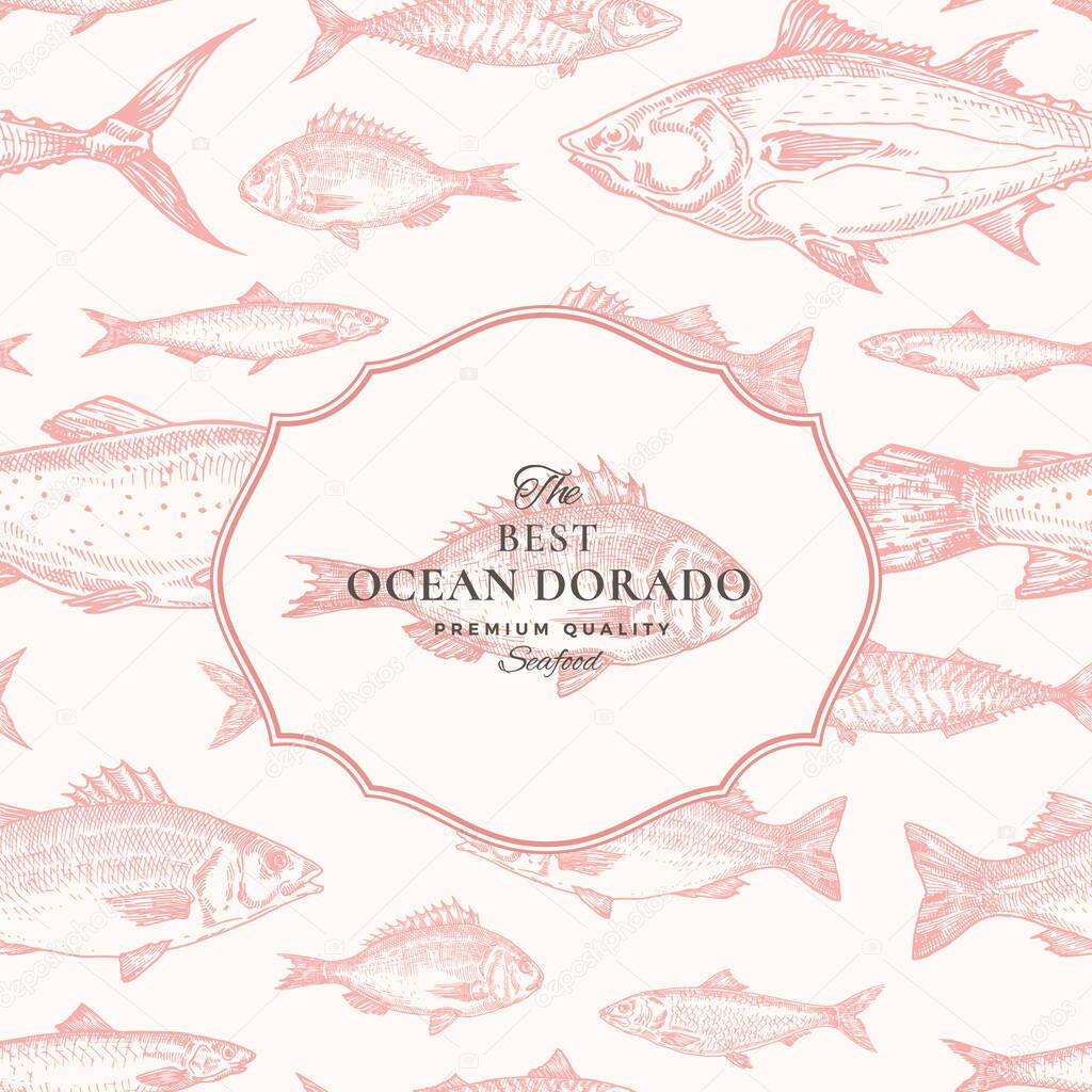 Hand Drawn Vector Seamless Pattern. Fish Package Red Card or Cover Template with Ocean Dorado Emblem. Herring, Anchovy, Tuna, Dorada, Seabass and Salmon Background. Isolated.