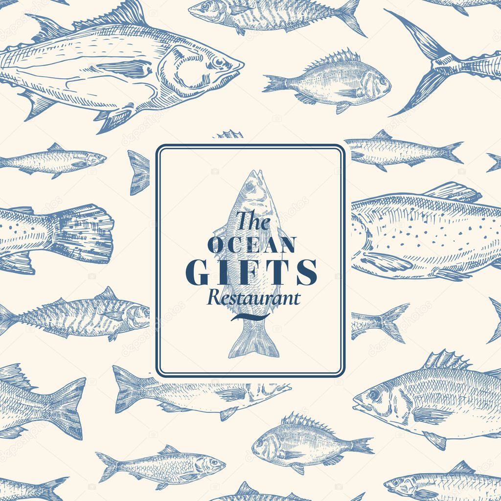 Hand Drawn Vector Seamless Pattern. Fish Package Card or Cover Template with Sea Bass Ocean Gifts Emblem. Herring, Anchovy, Tuna, Dorado, Seabass and Salmon Background.