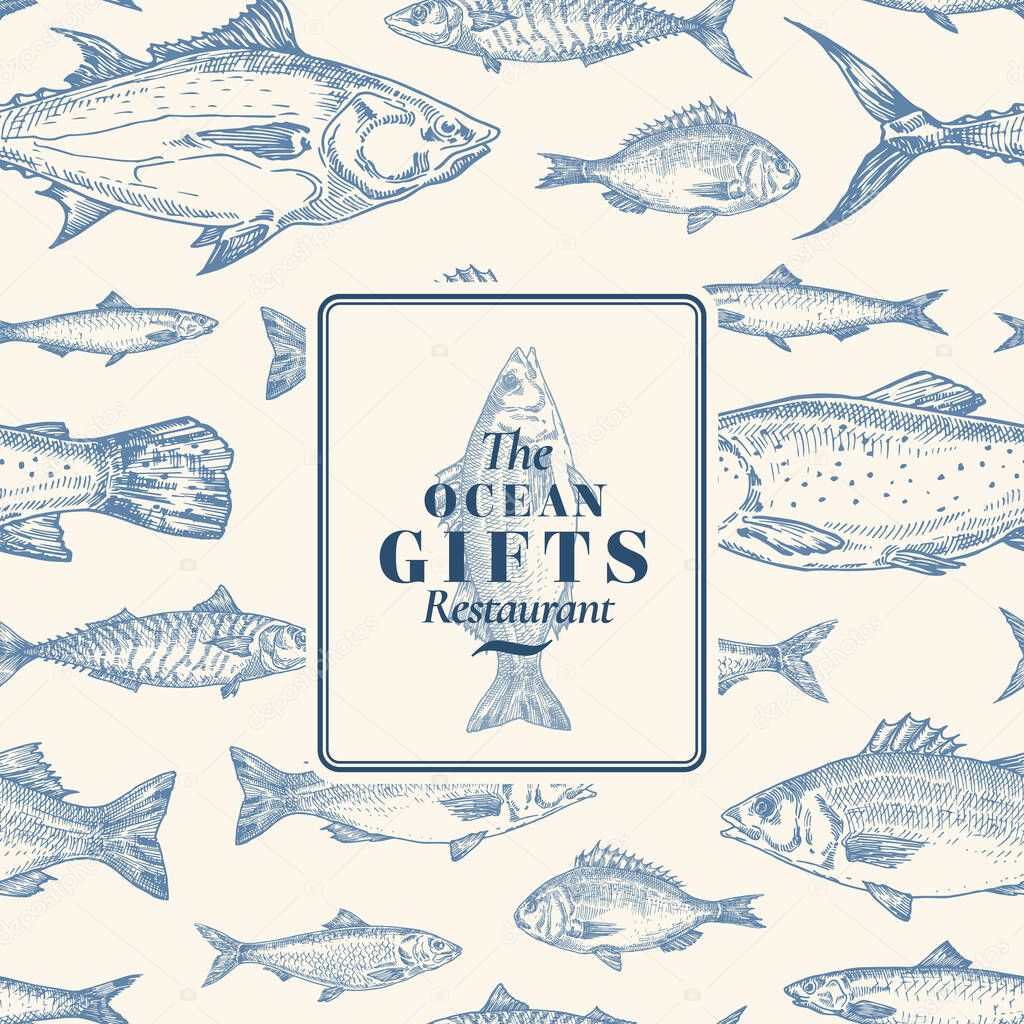 Hand Drawn Vector Seamless Pattern. Fish Package Card or Cover Template with Sea Bass Ocean Gifts Emblem. Herring, Anchovy, Tuna, Dorado, Seabass and Salmon Background. Isolated.