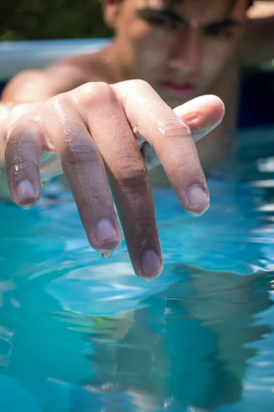 Closeup Young Wet Man Pool Touching Water — Stock Photo, Image