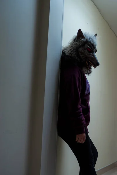 Girl wearing a sweater and a wolf mask indoor