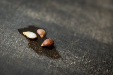 Siyah ahşap bir masanın üzerindeki kahverengi tohumları yakın. 