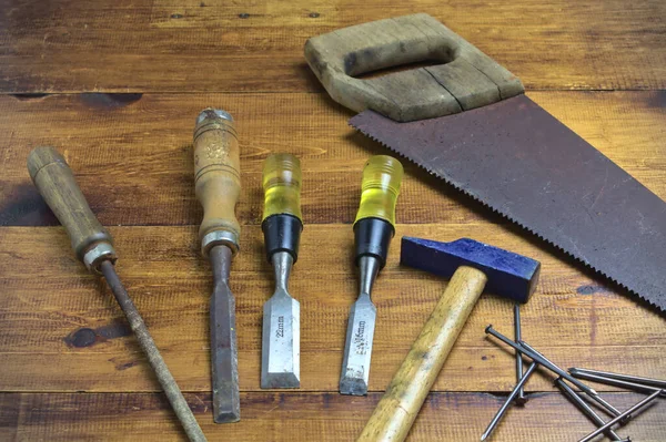 Carpenter Tools Handsaw Hammer Spikes Nails Chisels Rasp — Stock Photo, Image