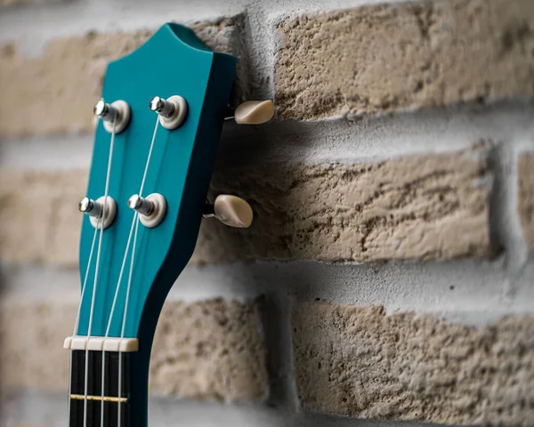 Ukulele green guitar over brick wall beige background with copy space — Stock Photo, Image