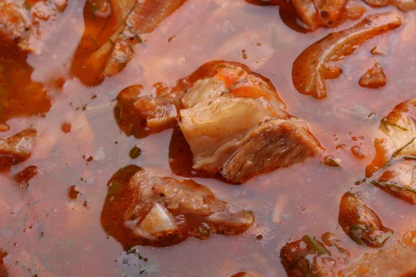 Guisado Carne Uma Panela Detalhes Contexto Abstrato — Fotografia de Stock