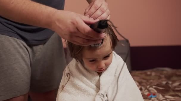 Papa faire une coupe de cheveux de son enfant à la maison pendant la cohabitation après le bain — Video