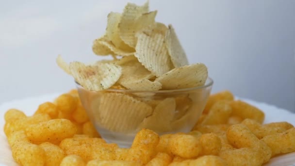 Potato Chips Falling Glass Surface Slow Motion — Stock Video