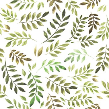 Stok çizimi. Beyaz arka planda kusursuz sonbahar yaprakları. El işi suluboya çizimi. Yeşil ve kahverengi renkte izole sonbahar yaprakları. Duvar kağıdı, tekstil, ambalaj kağıdı, seramik tasarımı.
