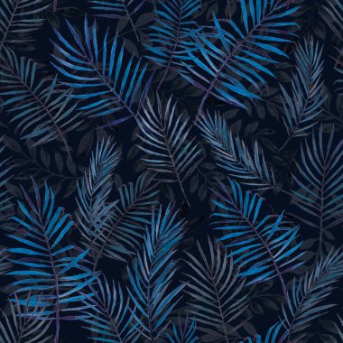 Stok çizimi. Kusursuz desen. Koyu bir arka planda tropik palmiye yaprakları. 2020 yılının klasik mavi rengi. Kumaş, tekstil, duvar kağıdı için baskı