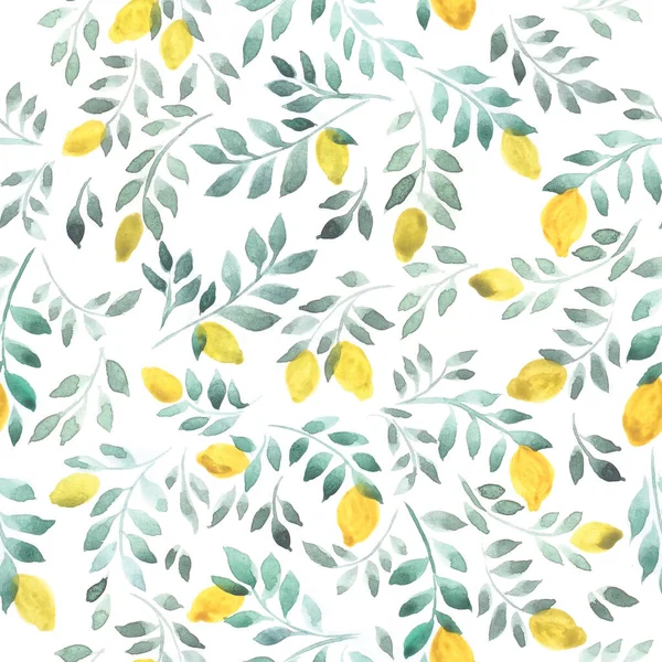 Padrão Sem Costura Aquarela Desenho Ornamento Limões Amarelos Com Folhas — Fotografia de Stock