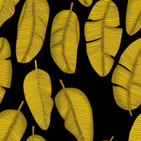 Afbeelding Voorraad Naadloos Patroon Gouden Grote Bladeren Een Zwarte Achtergrond — Stockfoto