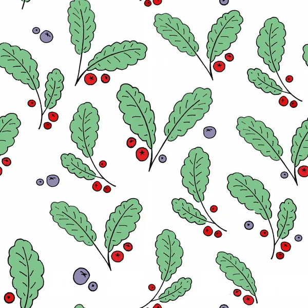 seamless pattern green leaves and red berries blue berries. autumn harvest. summer berries. Berries stock illustration isolated on white background. Cute pattern for textile wrapping paper wallpaper
