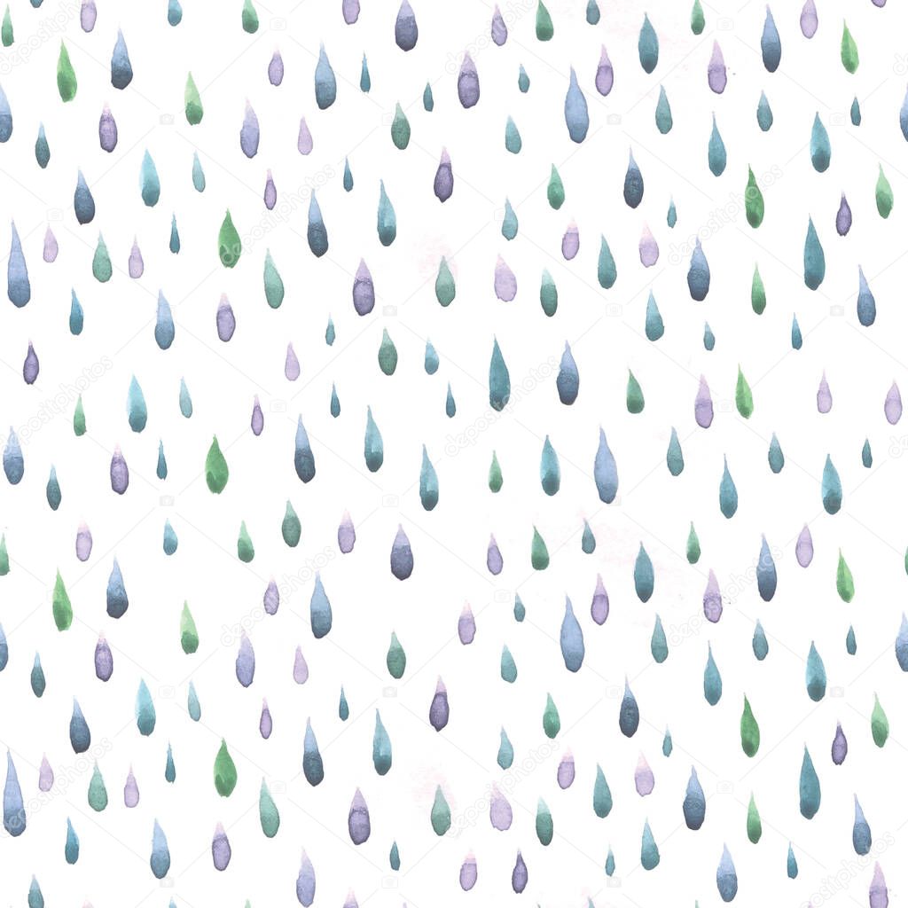Stock illustration. Seamless pattern watercolor drawing raindrops on a white background. isolated. rain of blue, violet, turquoise. Cute watercolor background for baby wallpaper, textile, wrappers