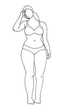 Vektör çizimi. Mayolu, bikinili şişman bir kadın. Güzel bir genç kadın ve beyaz arka planda izole edilmiş bir beden. Basit bir çizim. vücut pozitifliği, feminizm, yaz tatili, plaj tatili