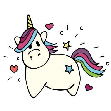 Vektör çizimi, karikatür, düz stil. Şirin tek boynuzlu at. Gökkuşağı yeleli sihirli tek boynuzlu at çocuklar için renkli resim. Kızlar için baskı, küçük prensesler. beyaz arkaplanda izole