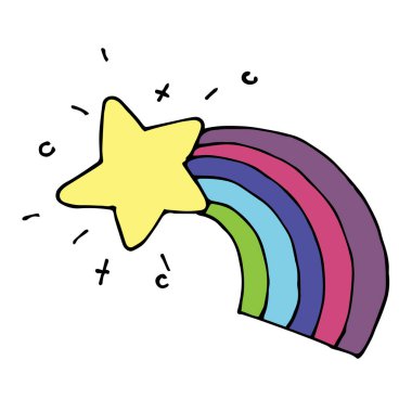 Karalama, düz çizgi film tarzında vektör illüstrasyonu. Kuyruklu yıldızın renkli çizimi. Gökkuşağı kuyruklu sevimli bir yıldız. Bir çocuk partisi için dekorasyon, kartpostallar, tekstil, duvar kağıdı
