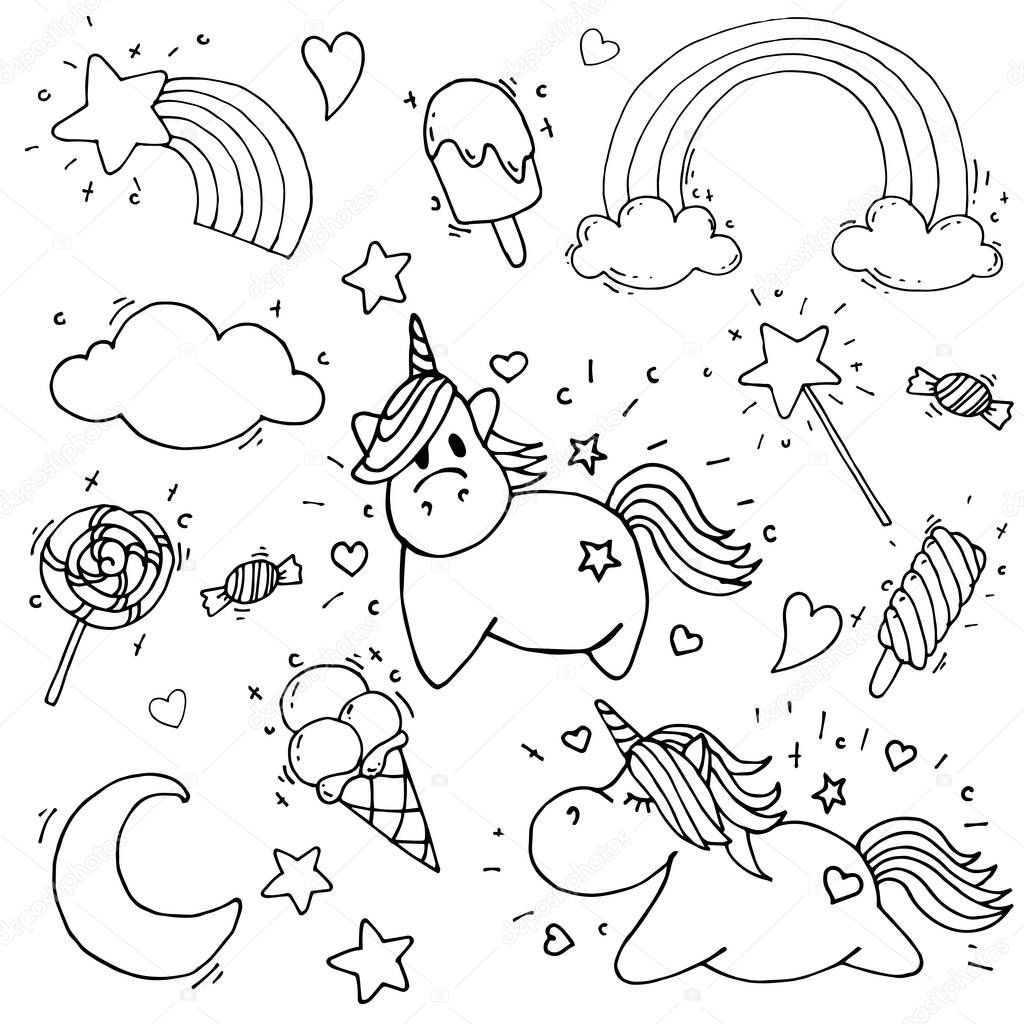 Vector illustration in doodle style, cartoon, flat. set of fairy elements, cute unicorns, rainbow, clouds, ice cream, magic wand. coloring book, clip-art isolated on white background.