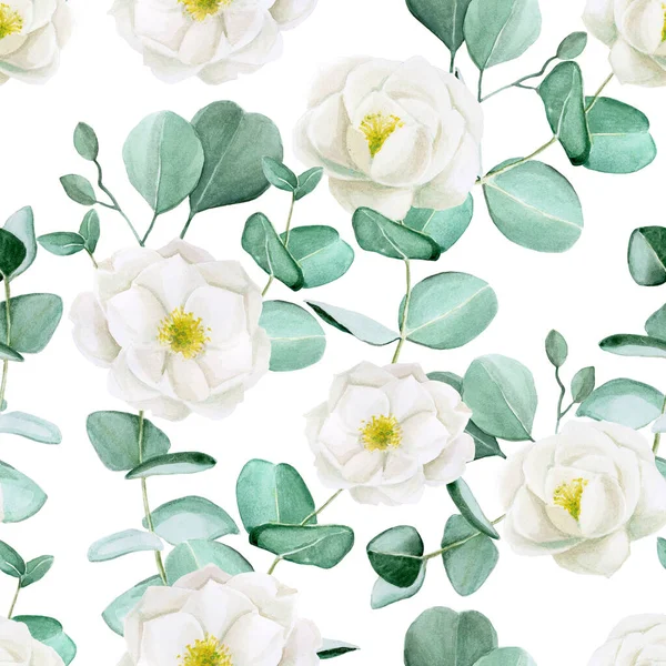 Płynny Wzór Akwarelowymi Kwiatami Wzór Białymi Kwiatami Dzikiej Róży Liści — Zdjęcie stockowe