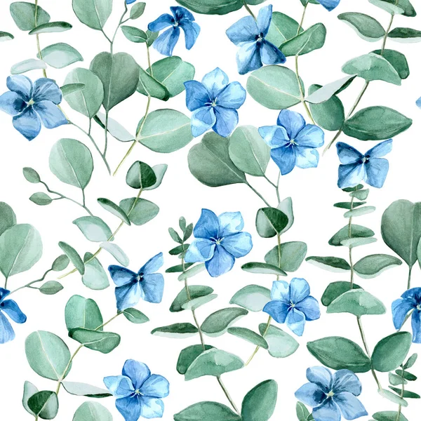 Motif Aquarelle Sans Couture Fleurs Hortensia Bleues Feuilles Eucalyptus Sur — Photo