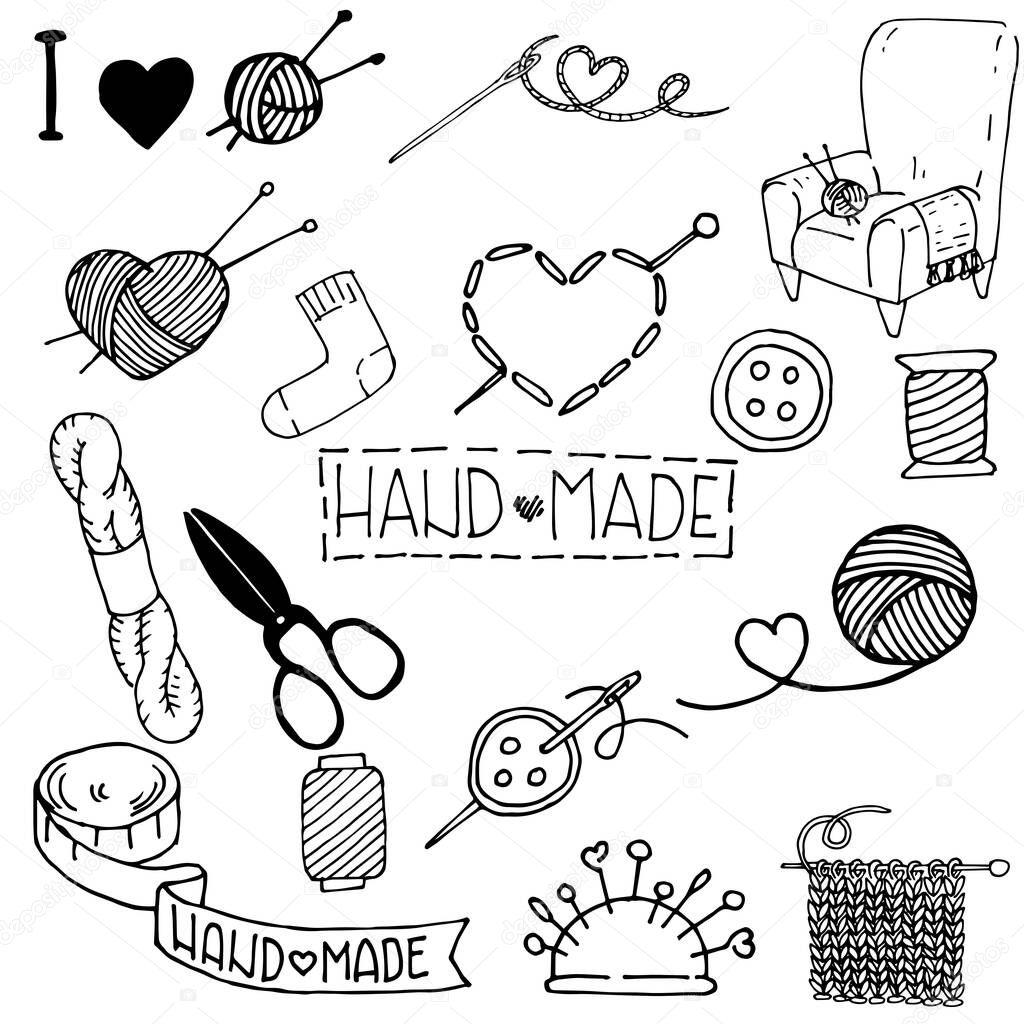 doodle style vector illustration. Set of cute elements hand made. hobby items, manual labor, homework. sewing, embroidery, knitting, crochet