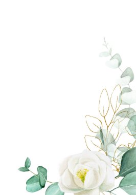 suluboya çizimler, okaliptüs yaprakları çerçevesi ve altın yapraklı gül çiçeği. Düğün süsleri ve davetiyeler için parıldayan parlak unsurlarla klasik çiçek vignette.