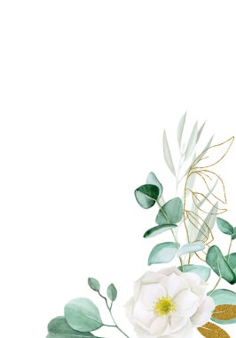 suluboya çizimler, okaliptüs yaprakları çerçevesi ve altın yapraklı gül çiçeği. Düğün süsleri ve davetiyeler için parıldayan parlak unsurlarla klasik çiçek vignette.