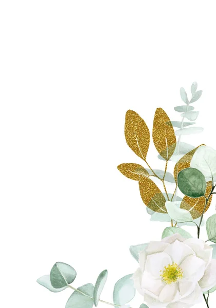 Ακουαρέλα Πλαίσιο Από Φύλλα Ευκαλύπτου Και Λευκά Άνθη Αγριοτριανταφυλλιάς Χρυσά — Φωτογραφία Αρχείου