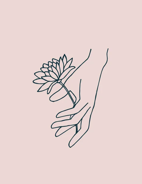Vektorillustration Linienzeichnung Weibliche Hand Mit Blume Isoliert Auf Rosa Hintergrund — Stockvektor