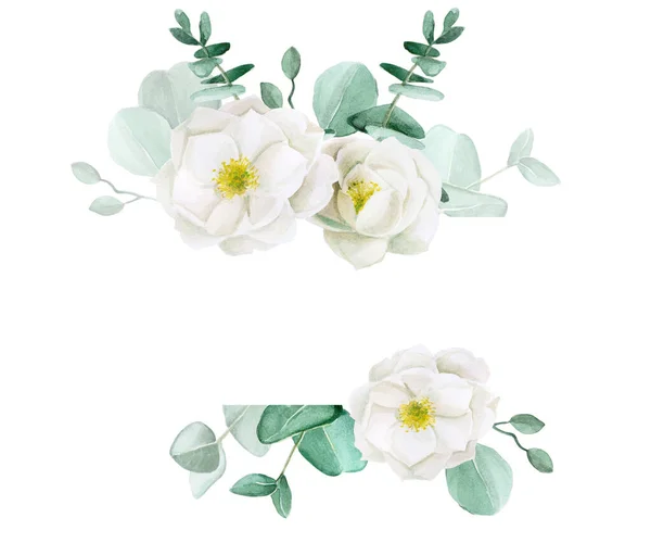 watercolor drawing. frame of eucalyptus leaves and white flowers of wild rose, peony. Design for weddings, cards, invitations, greetings. isolated on white background with place for text