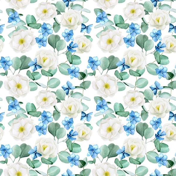 Seamless watercolor pattern. white flowers of wild rose, peony with blue hydrangea flowers and eucalyptus leaves on a white background. delicate, vintage pattern with flowers and eucalyptus leaves