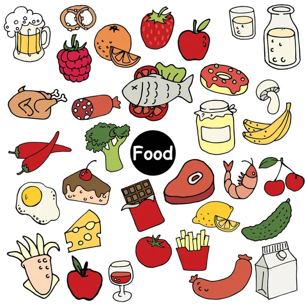 Vector Illustration Doodle Style Cartoon Set Food Items Cute Colored — Stock Vector