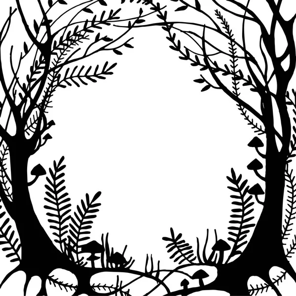 Vektorová Kresba Černobílý Magický Lesní Rám Silueta Pohádkového Kouzelného Lesa — Stockový vektor