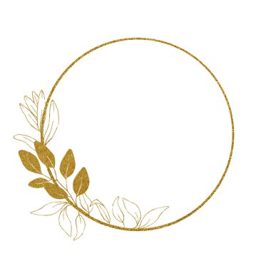 Parlak, altın yuvarlak çerçeve, altın okaliptüs yapraklı vignette. Clipart beyaz arkaplanda izole edildi. Düğün için tasarım, tebrikler, parfüm logosu, kozmetik. Vintage lüks çerçeve