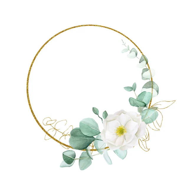 Gouden Ronde Frame Met Aquarel Eucalyptus Bladeren Witte Bloemen Van — Stockfoto