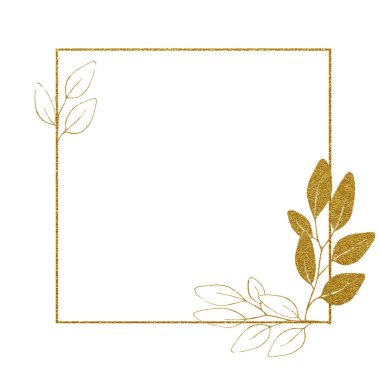 Parlak altın çerçeveli. Altın okaliptüs yapraklı kare çerçeve. Düğün için minimalist klasik tasarım, davetiyeler, kartlar. Kozmetik, parfüm, güzellik salonu. simli klip sanatı