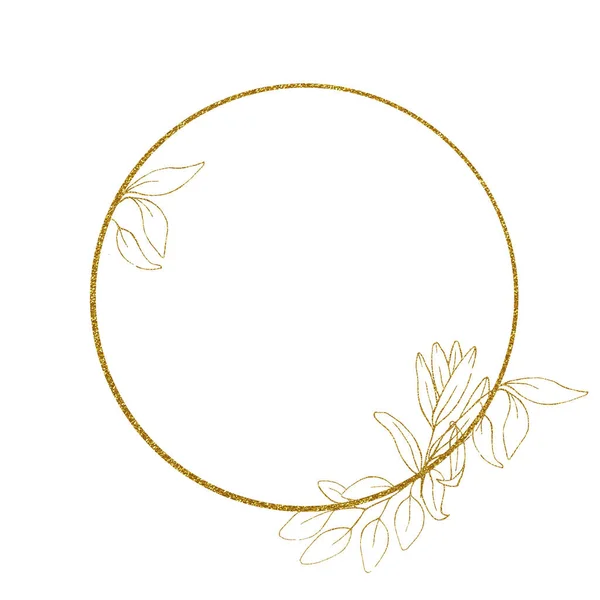 文字のための光沢のある金色の丸枠 モノグラム 黄金の元素でユーカリの葉ができます 結婚式 カード 招待状のためのミニマルで豪華なデザイン 高級サービス香水化粧品 ヴィンテージ — ストック写真