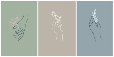 Kartpostal seti, otlu ve çiçekli el elementleri. Renkli arka planlar, pastel renkler. Ezoterizmin mistik sembolleri. Doğal kozmetik ürünleri, şifalı bitkiler, ekolojik ürünler. vücut bakım logosu