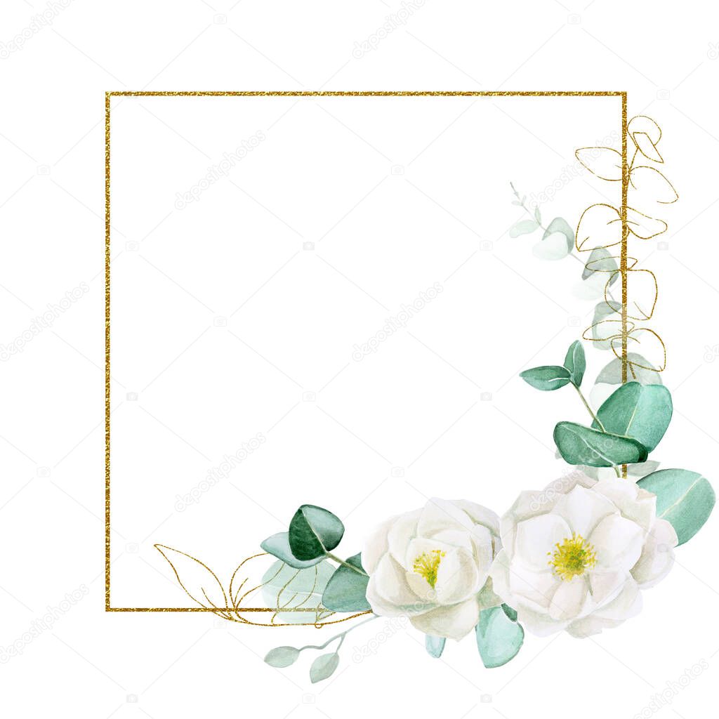 vintage gold square frame with watercolor flowers and eucalyptus leaves. place for text, vignette for weddings, cards, invitations. golden elements and white flowers of wild rose, peony on isolated