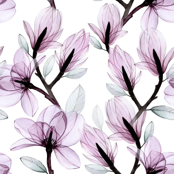 seamless pattern watercolor transparent flowers. transparent magnolia flowers of pastel colors on a white background. flowers are purple, pink-gray. design for wedding, fabric, wallpaper, wrapping paper
