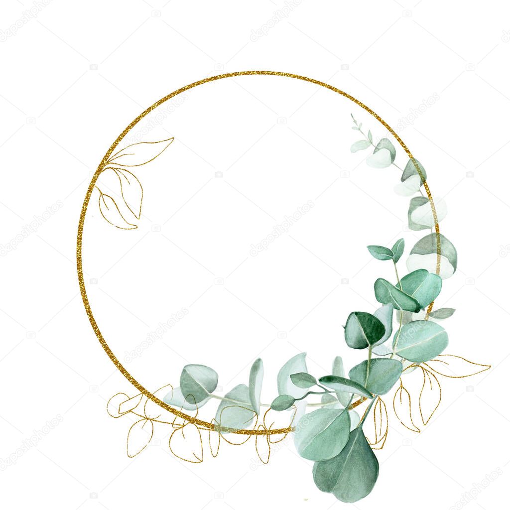 golden round frame with watercolor eucalyptus leaves and golden elements isolated on white background. clipart for weddings, invitations, cards. vintage style place for text, monogram