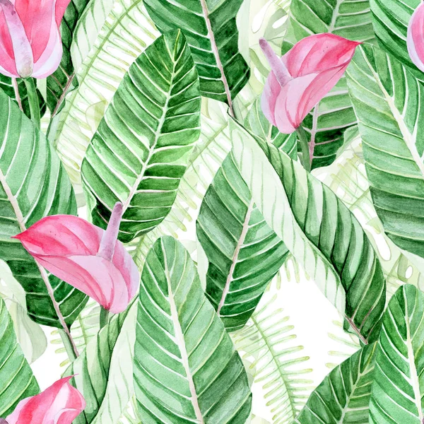 watercolor seamless pattern. tropical leaves and flowers. green leaves of palm tree and pink flowers on a white background. jugli, exotic plants, summer print. background for fabric, wallpaper, texti